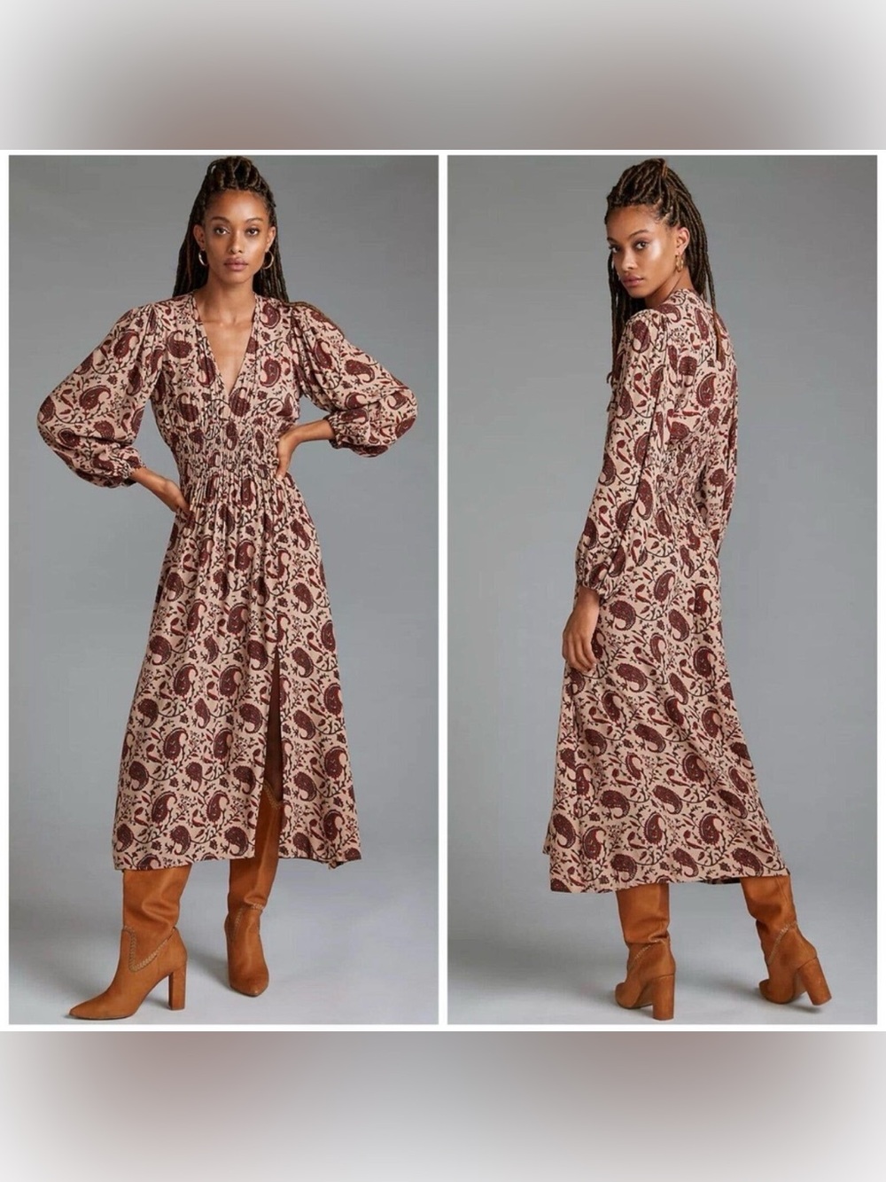 Anthropologie Brown Paisley V-Neck Midi Dress